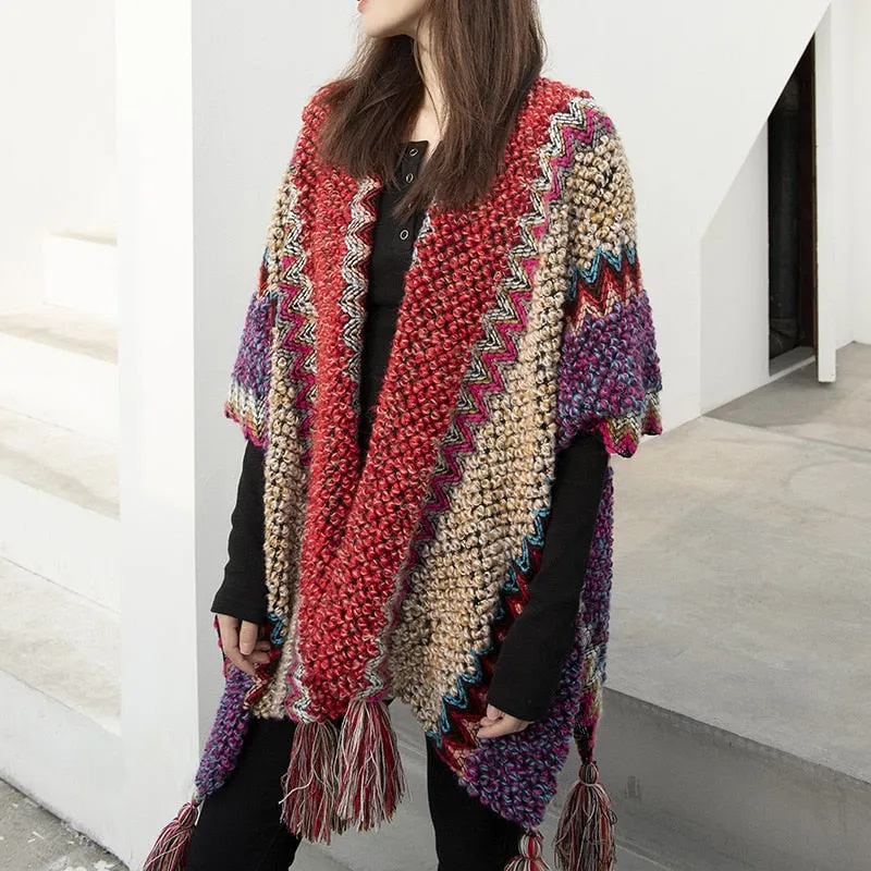 Vintage Women Knitted Women Shawl Poncho Outwear