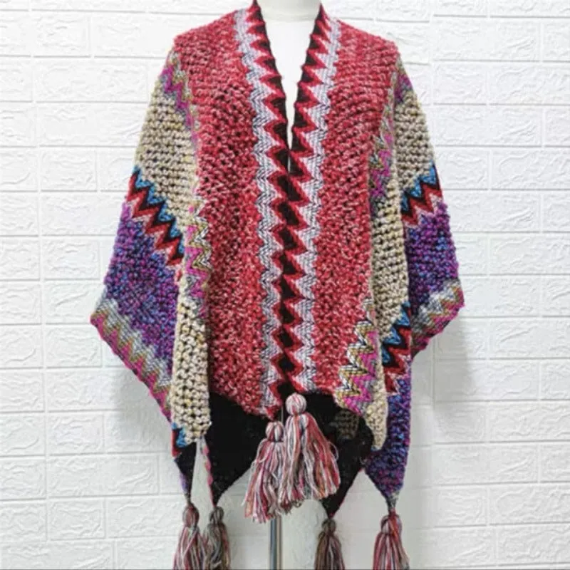 Vintage Women Knitted Women Shawl Poncho Outwear