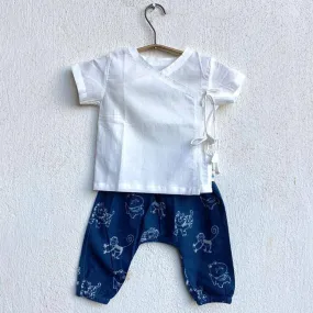 White Angrakha Top with Zoo Print Indigo Pants