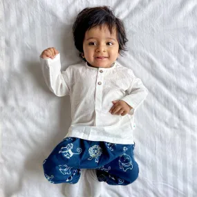 White Kurta with Zoo Print Indigo Pants