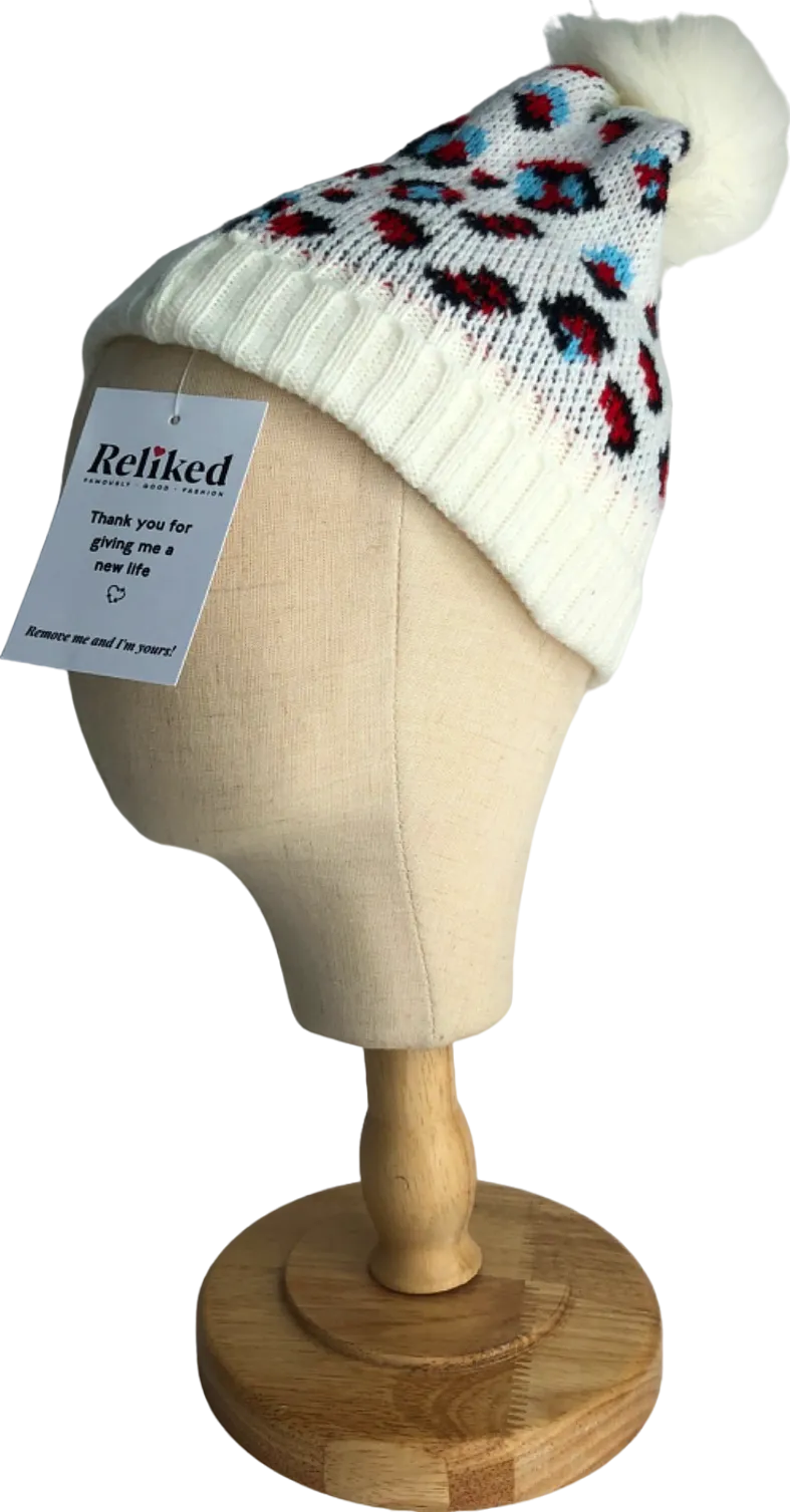 White Leopard Print Knit Beanie One Size