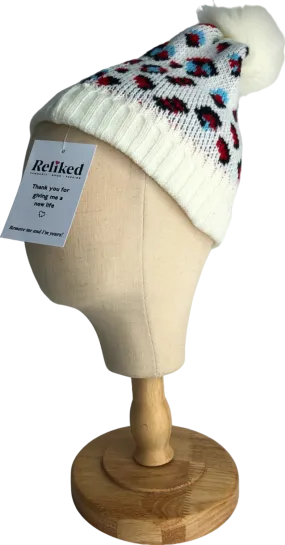 White Leopard Print Knit Beanie One Size