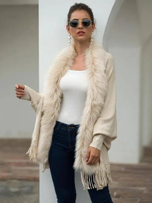 Winter Darling Fringe Open Front Faux Fur Poncho