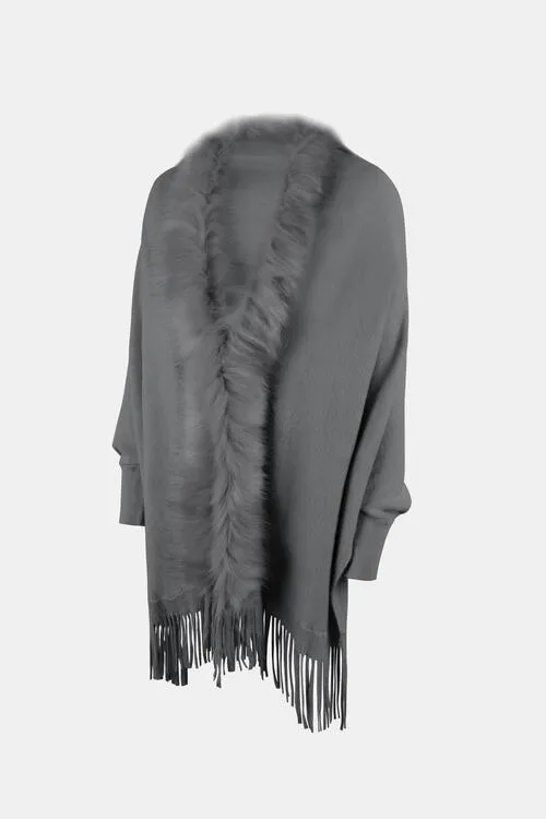 Winter Darling Fringe Open Front Faux Fur Poncho