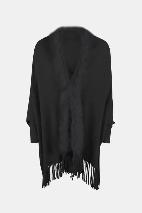 Winter Darling Fringe Open Front Faux Fur Poncho