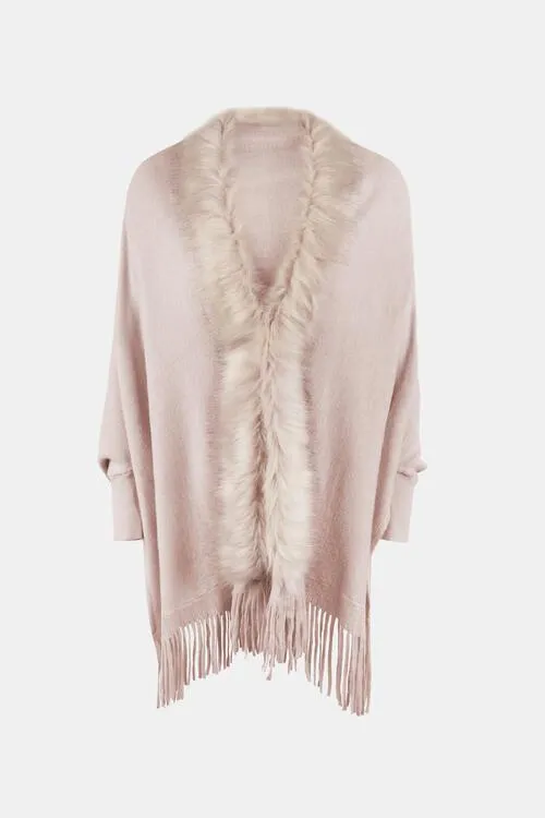 Winter Darling Fringe Open Front Faux Fur Poncho