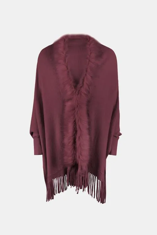 Winter Darling Fringe Open Front Faux Fur Poncho