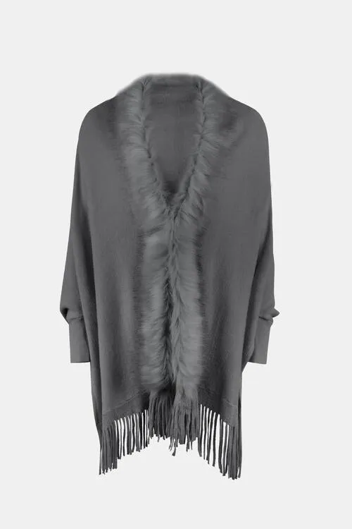 Winter Darling Fringe Open Front Faux Fur Poncho