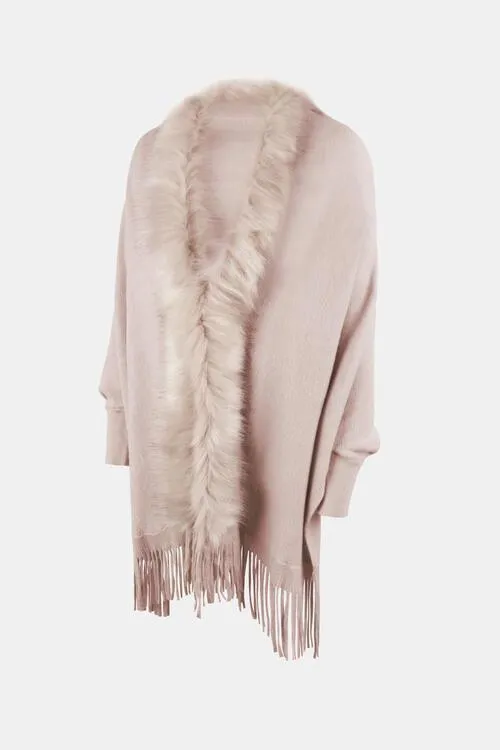 Winter Darling Fringe Open Front Faux Fur Poncho