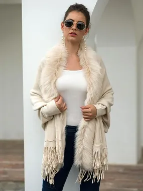 Winter Darling Fringe Open Front Faux Fur Poncho