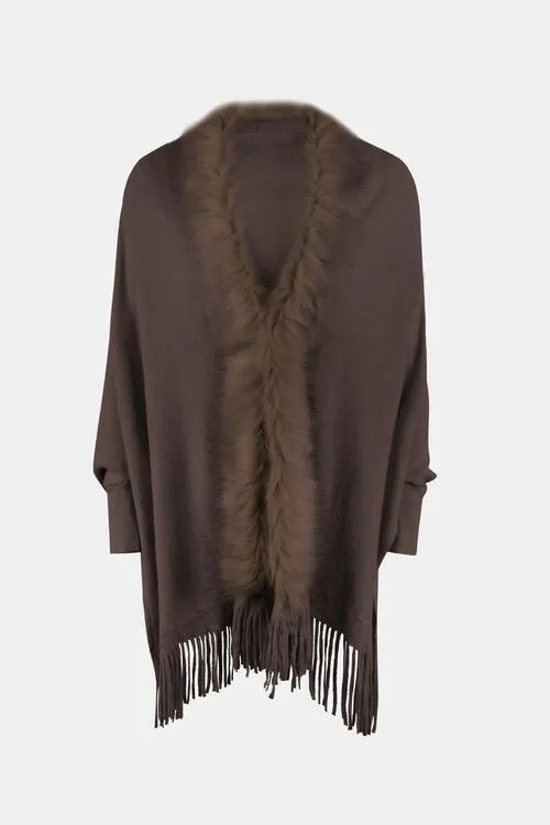 Winter Darling Fringe Open Front Faux Fur Poncho