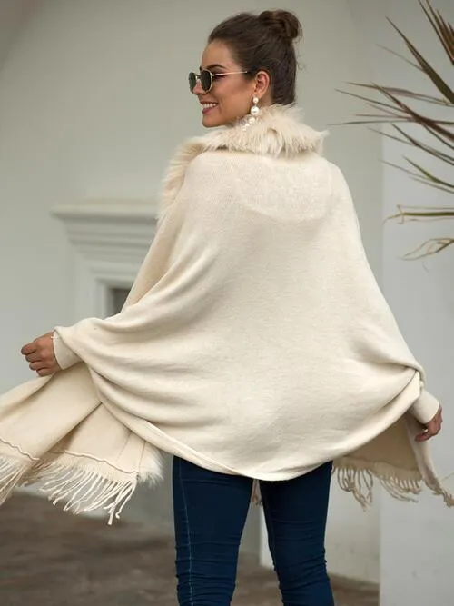 Winter Darling Fringe Open Front Faux Fur Poncho