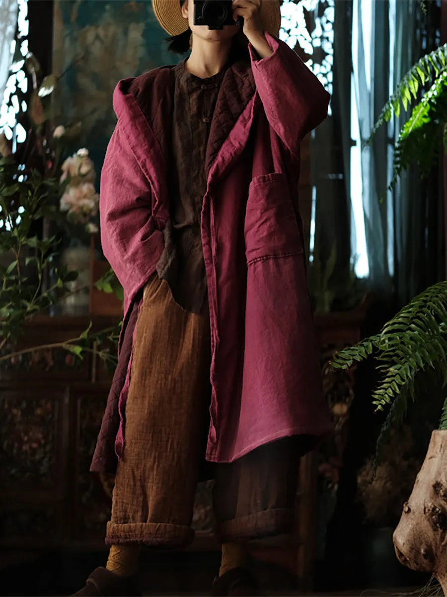 Women Ethnic Solid Winter Cotton Linen Hooded Coat