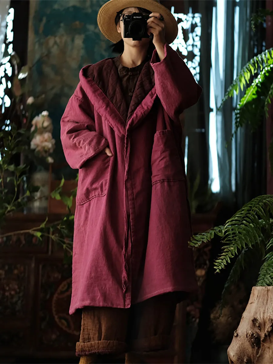 Women Ethnic Solid Winter Cotton Linen Hooded Coat