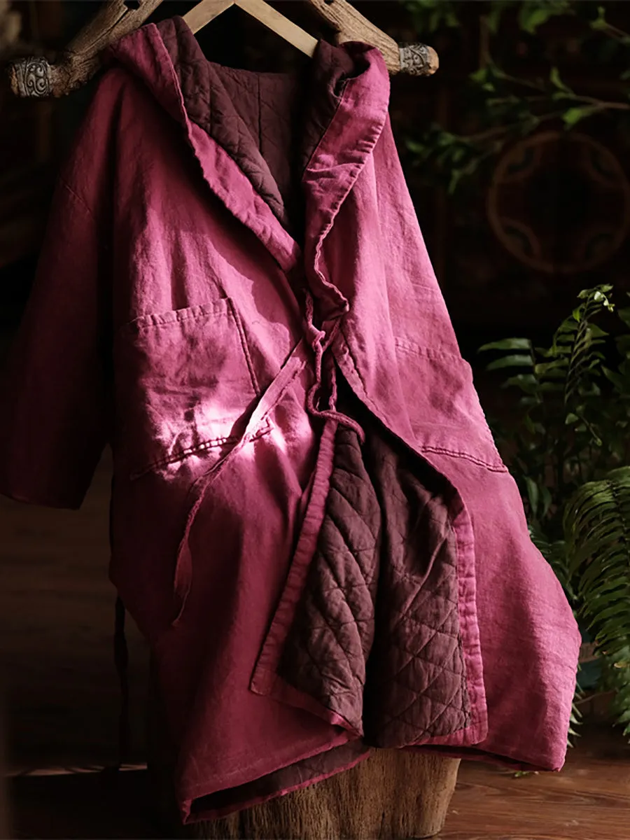 Women Ethnic Solid Winter Cotton Linen Hooded Coat