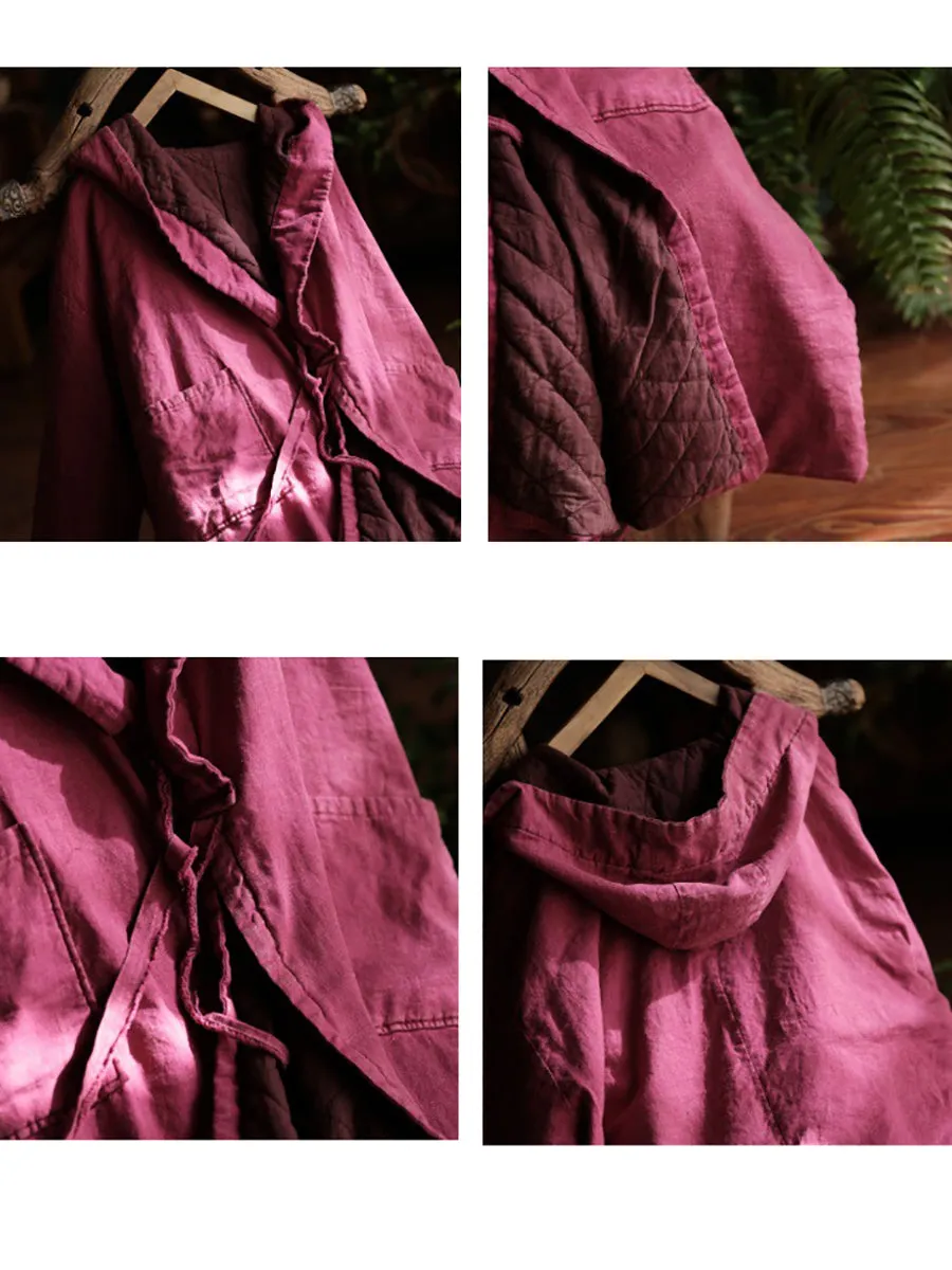 Women Ethnic Solid Winter Cotton Linen Hooded Coat