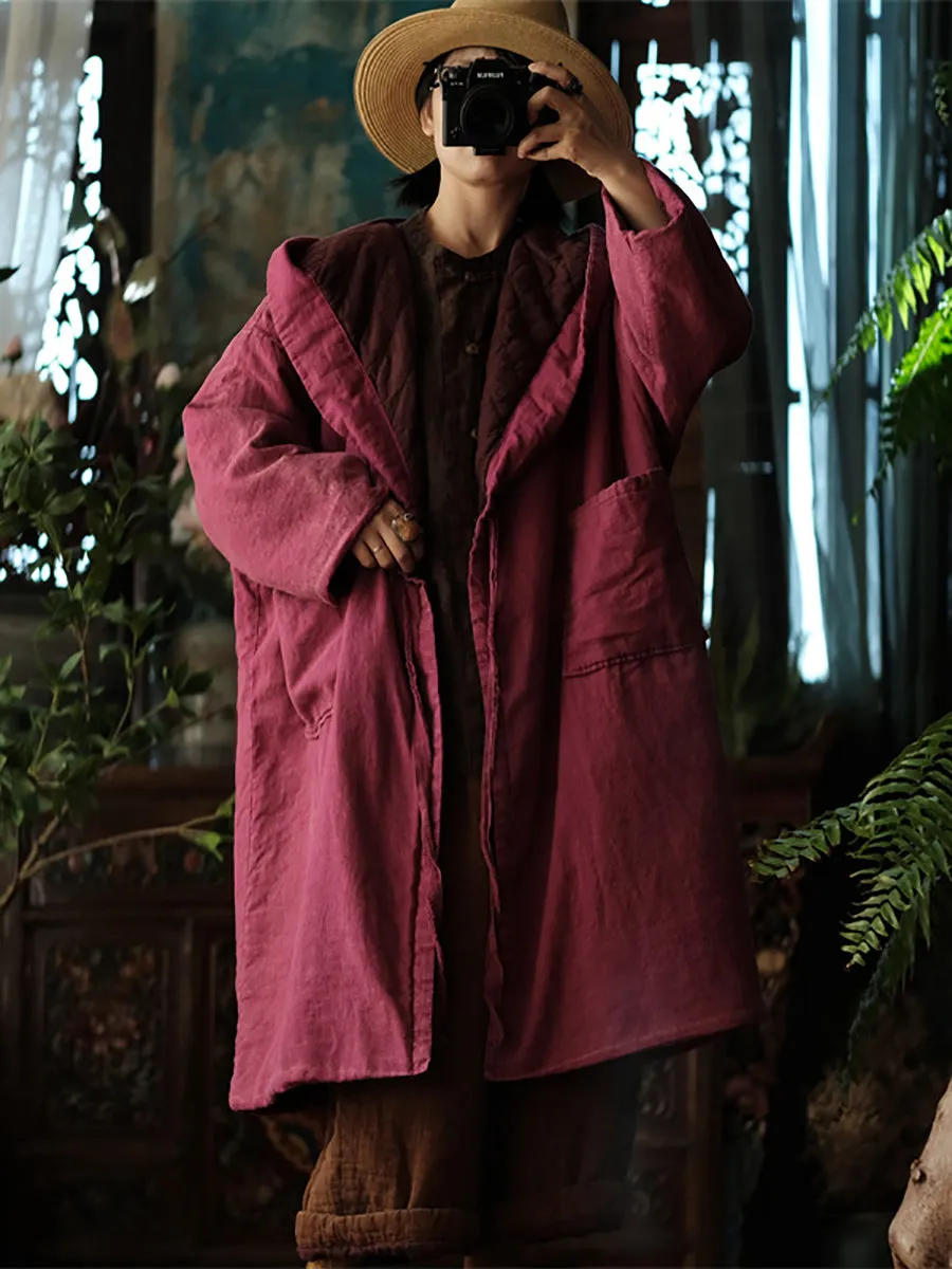 Women Ethnic Solid Winter Cotton Linen Hooded Coat