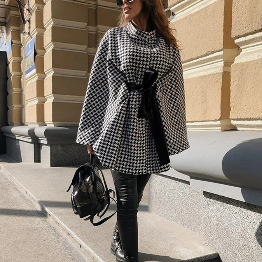 Women plaid bowknot strap long sleeve cape coat