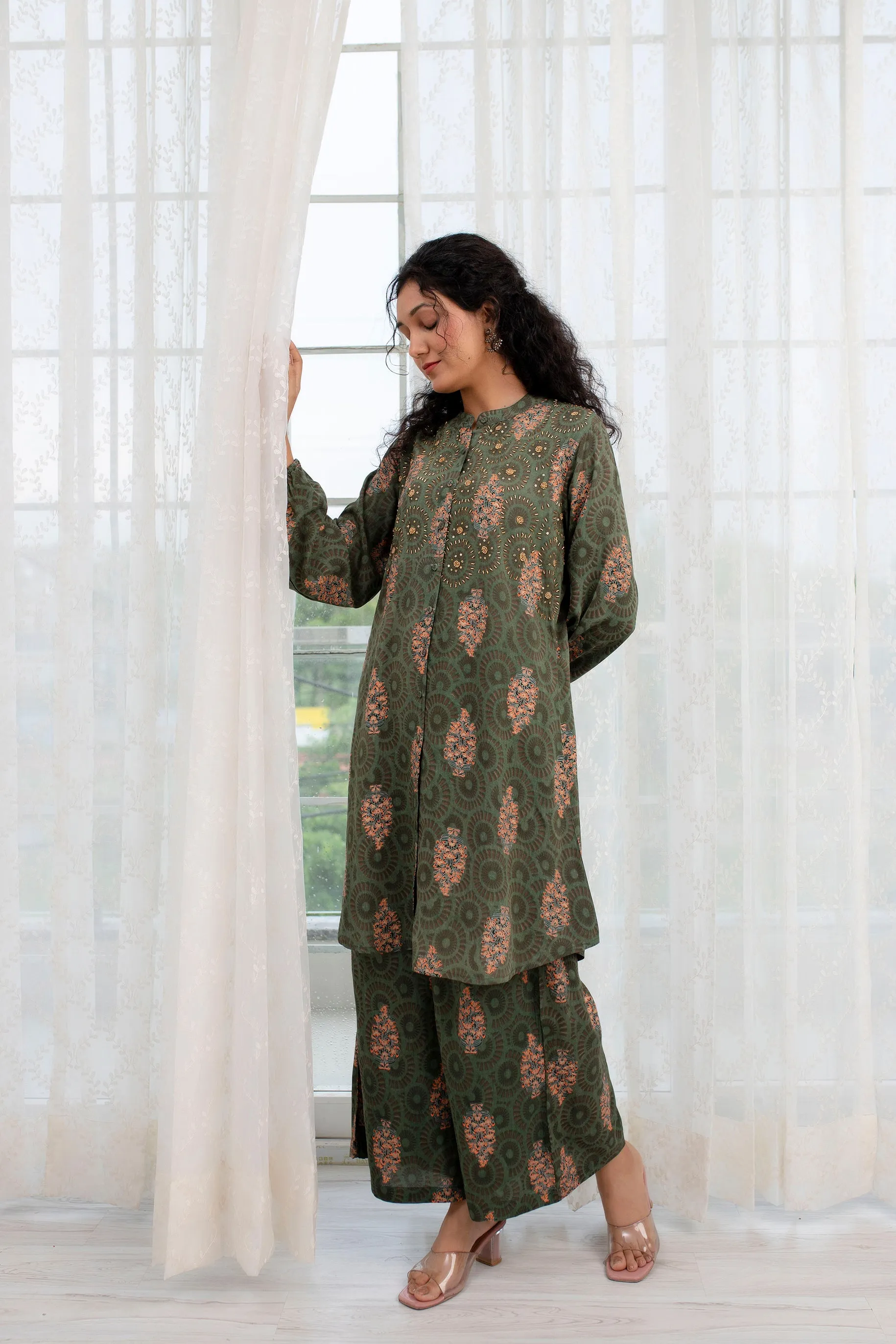 Women's Green Rayon A-Line Kurta and Palazzo Set