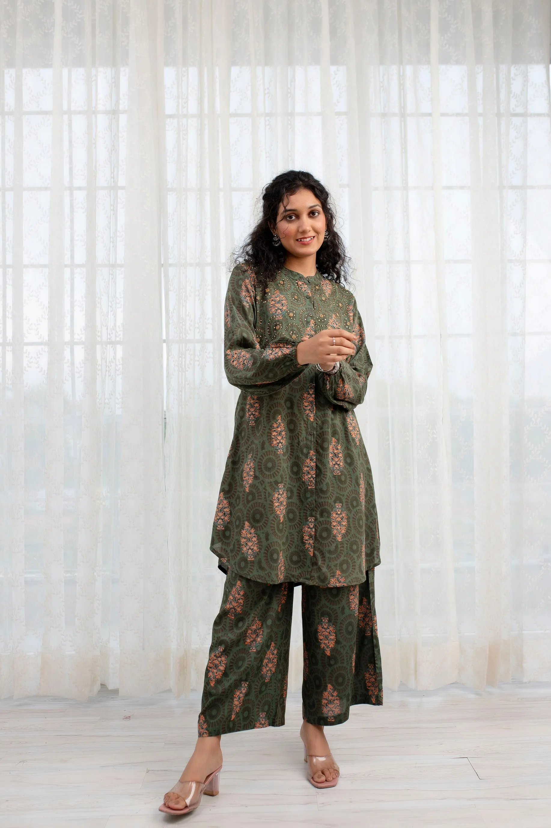 Women's Green Rayon A-Line Kurta and Palazzo Set