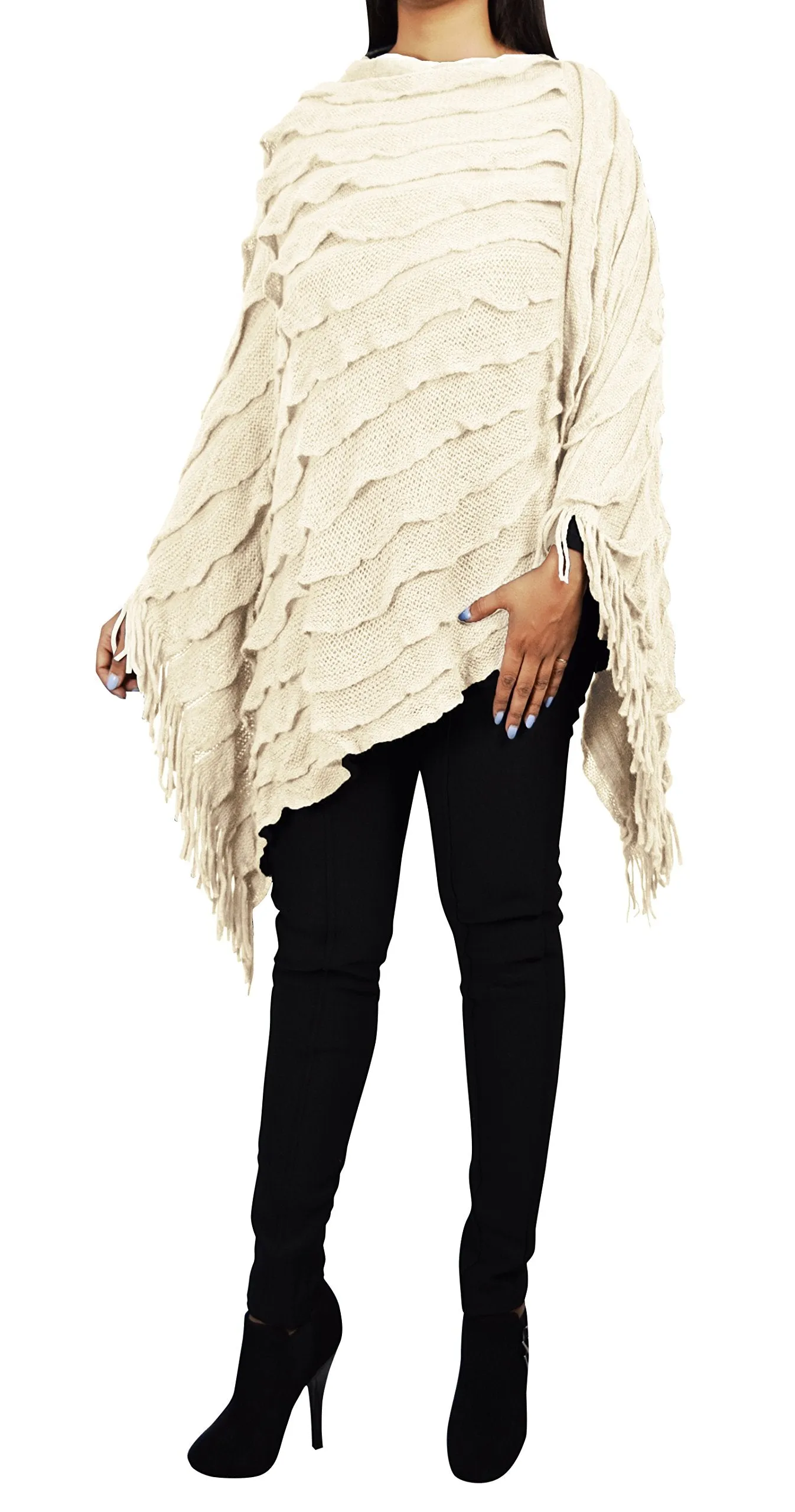 Women's Light Trendy Ruffle Batwing with Fringe Shawl Wrap Poncho