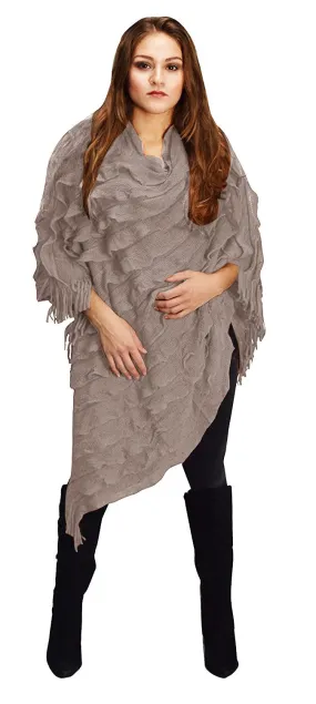 Women's Light Trendy Ruffle Batwing with Fringe Shawl Wrap Poncho
