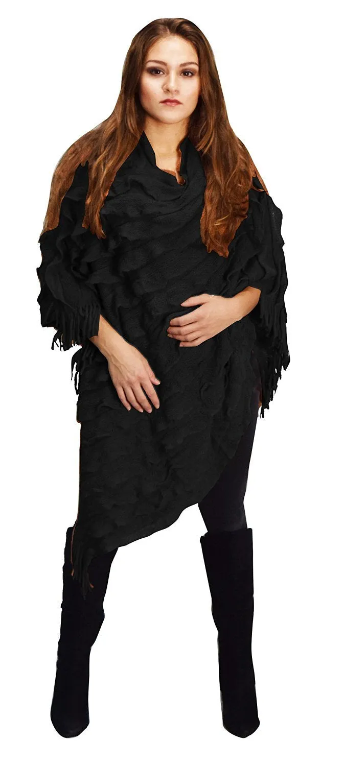 Women's Light Trendy Ruffle Batwing with Fringe Shawl Wrap Poncho