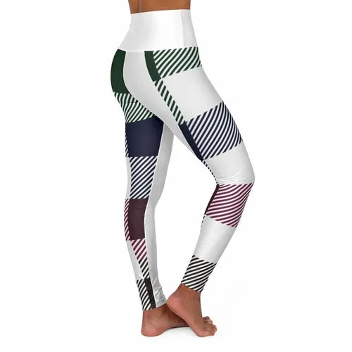 Women's Yoga Pants, White Multicolor Plaid Print High Waist Fitness