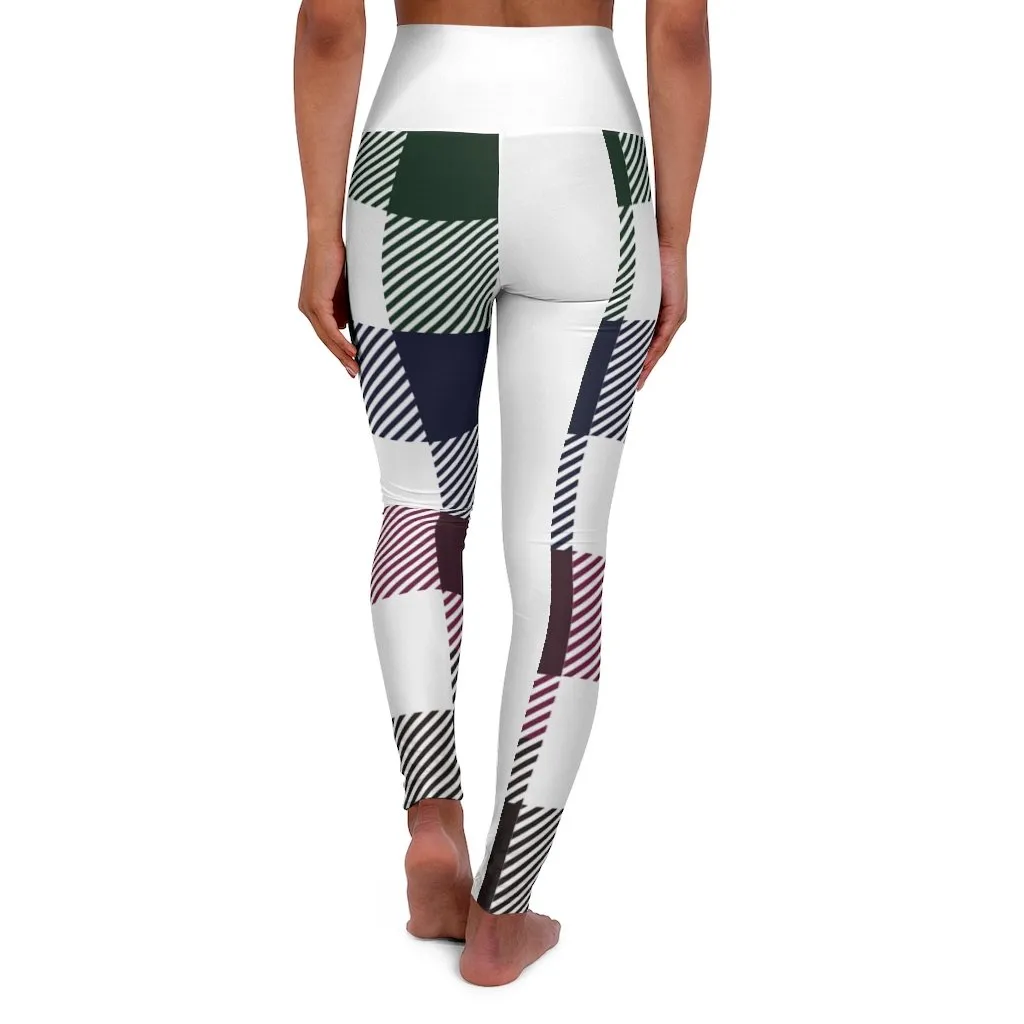 Women's Yoga Pants, White Multicolor Plaid Print High Waist Fitness