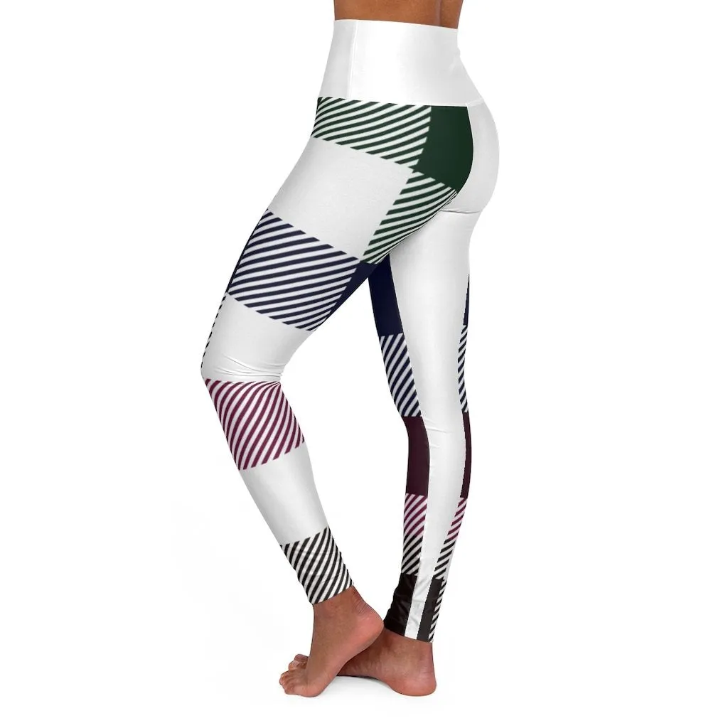 Women's Yoga Pants, White Multicolor Plaid Print High Waist Fitness