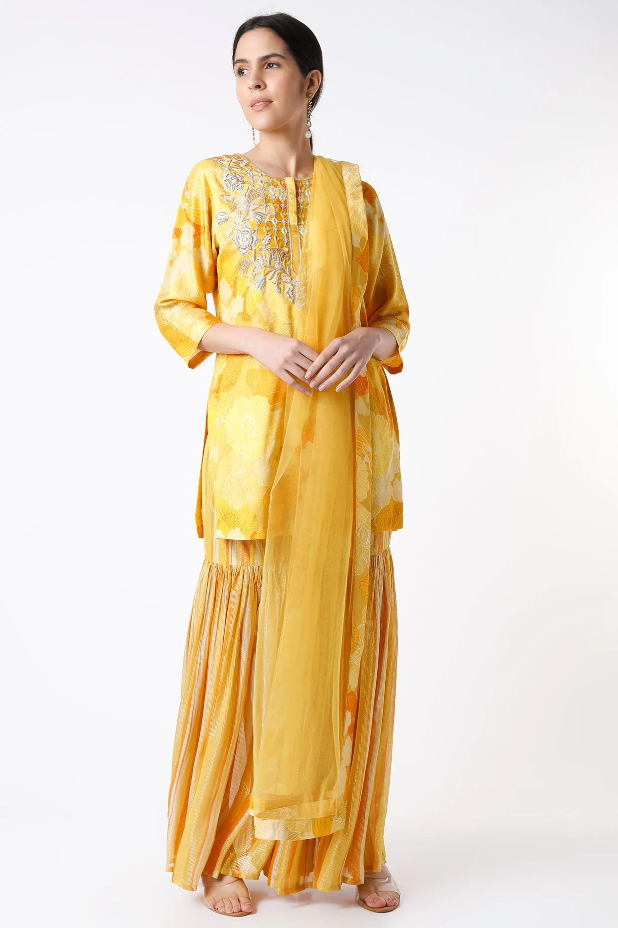 Yellow Monotone 3 Pc Sharara Set